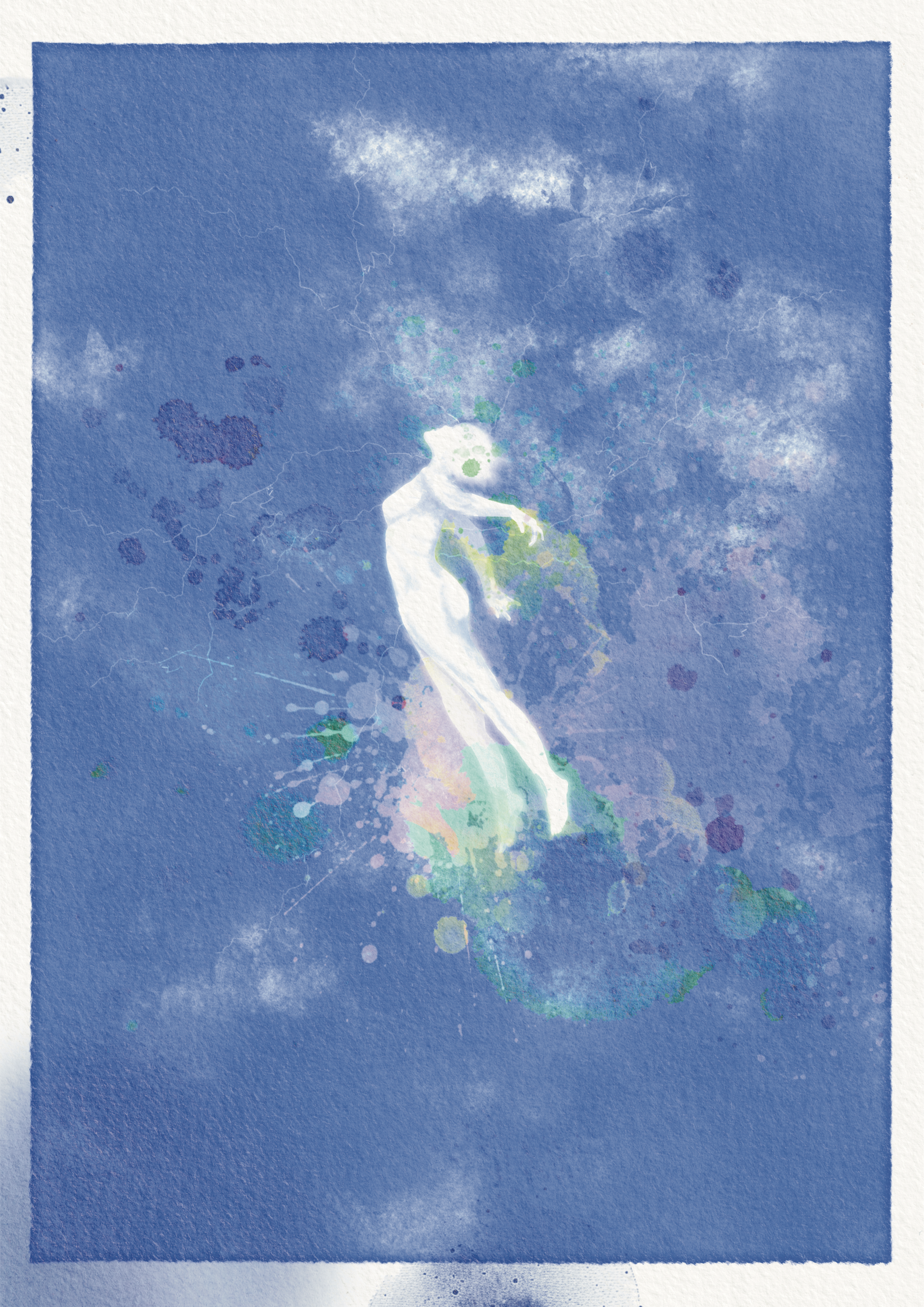 Une silhouette de femme flotte dans les airs et dégage des volutes colorées